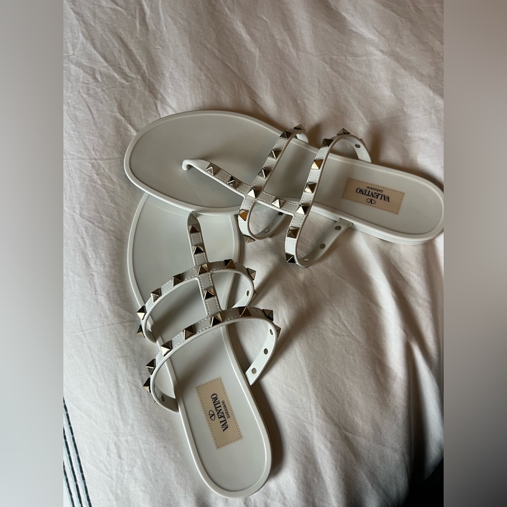 Valentino Garavani White Pyramid-Stud Strappy Slide Sandals